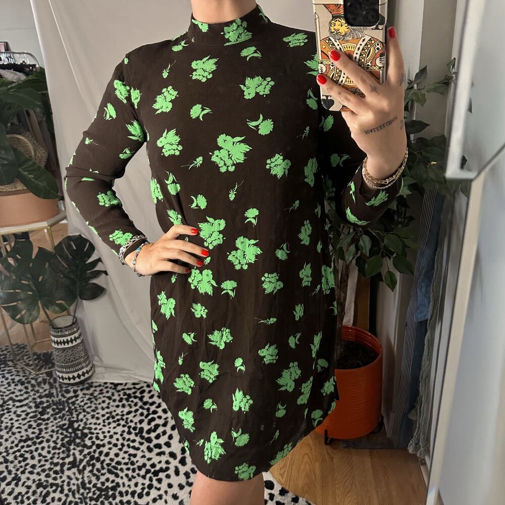 Ganni Floral Print Crepe Mini Shift Dress Brown Green Size 36